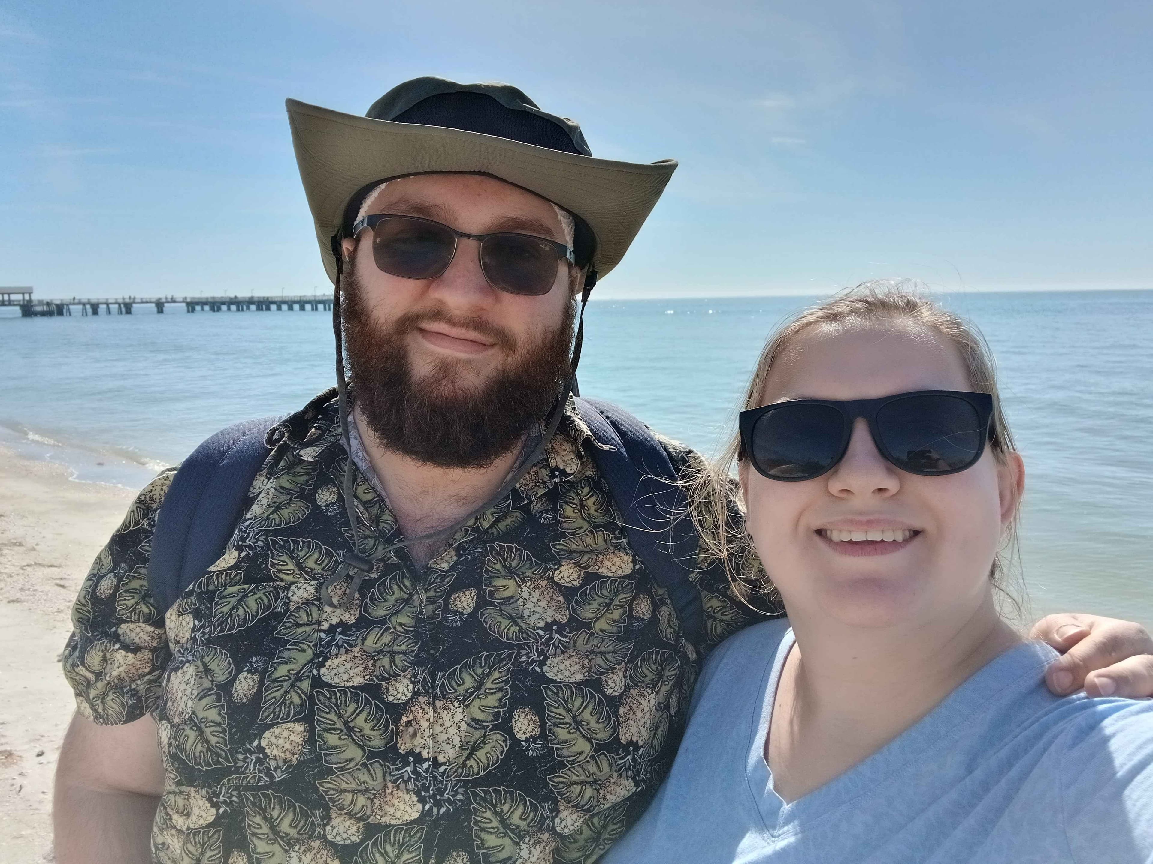 David and Jennifer at the beach, David in one of his Hawaiian shirts